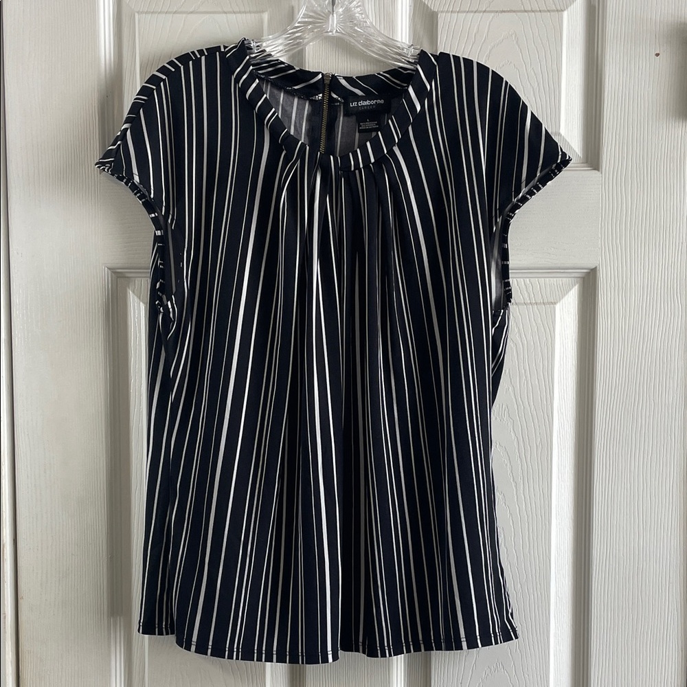 Liz Claiborne Career Size Large Black White Vertical Stripe Blouse